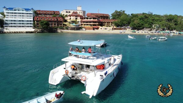 Aerial view of the catamaran cruise rear side